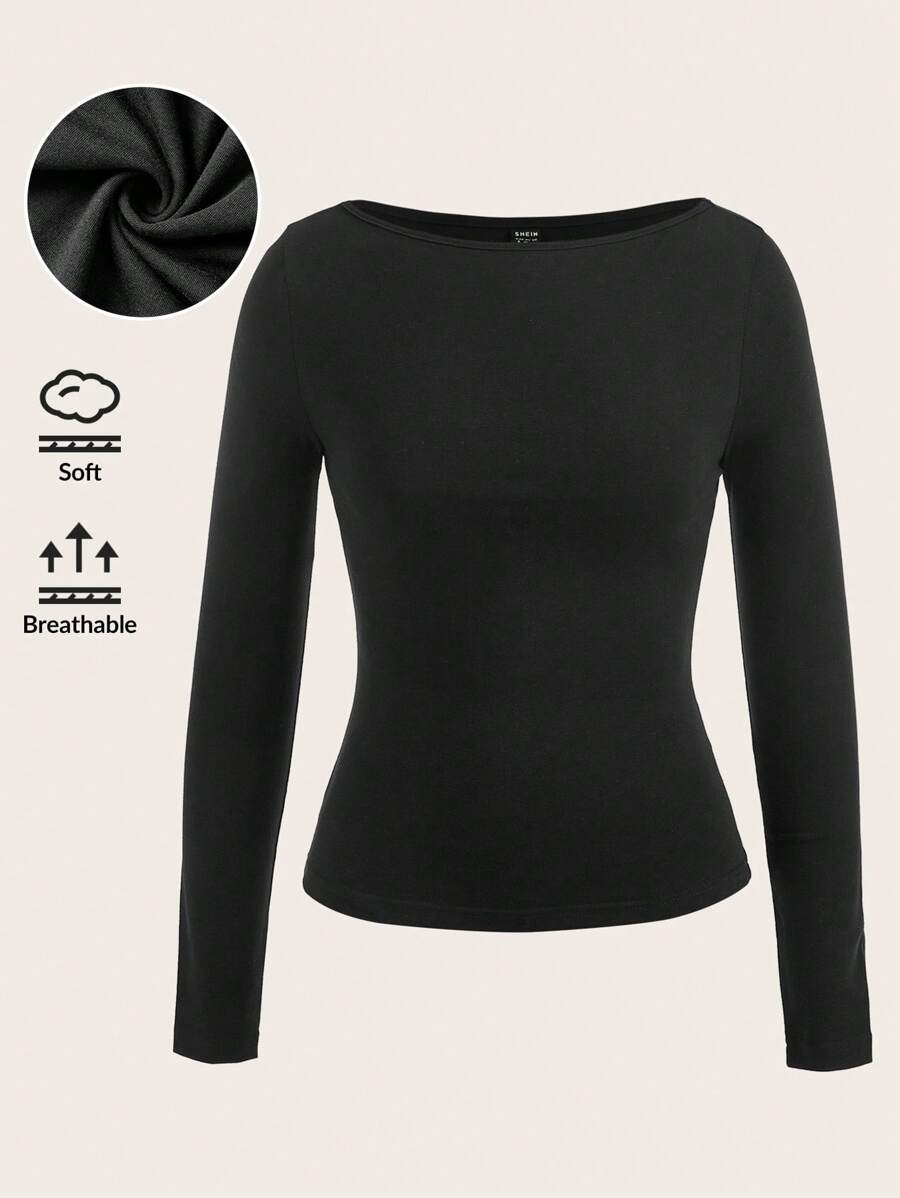 Tseoso Einfarbiges schwarzes tailliertes T-Shirt mit Rundhalsausschnitt und langen Ärmeln für Damen, Frühling/Sommer