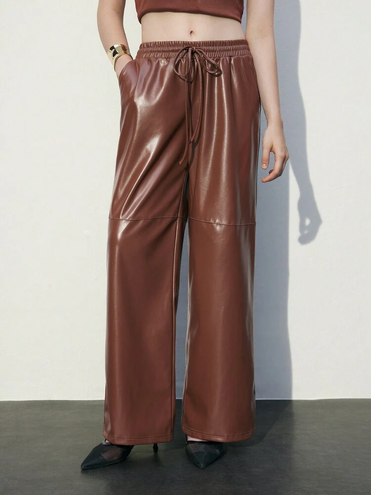 SHEIN Maija Brown Solid Color Tie Waist Pocket PU Leather Straight Loose Casual Pants, Spring/Summer