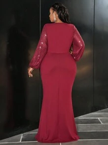 Slaydiva Plus Size Sparkly Banquet Round Neck Waist Fitted Mermaid Dress With Contrast Sequin Sleeves, Red, Fall/Winter