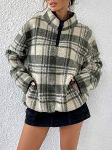 GENKIRA 女式复古格子超大羊毛拉链翻领夹克，适合秋冬季 - 彩色 - 查看 2