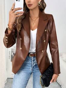 SHEIN Clasi Áo khoác da màu nâu đơn giản, tay dài cài nút phía trước dành cho nữ, cổ đứng, đơn giản, thường ngày, chất liệu PU, thời trang thu đông - Cà phê nâu - Xem 5