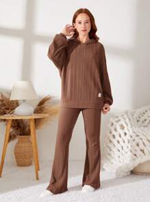 SHEIN 2 件青少年女孩罗纹针织连帽衫和喇叭裤休闲套装