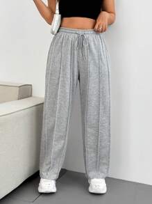 Flirla Calça de Moletom Folgada de Cintura com Cordão, Perna Larga, Plus Size - Cinza Claro - Visão 1