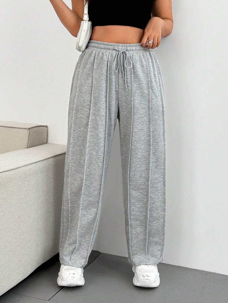 Flirla Calça de Moletom Folgada de Cintura com Cordão, Perna Larga, Plus Size - Cinza Claro - Visão 1