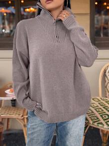 Calvaya Áo len nữ cỡ lớn kiểu dáng thường ngày, vai rớt, cổ khóa kéo, thích hợp mặc mùa đông. - Bụi tím - Xem 8