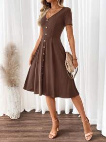 SHEIN Clasi Vestido línea A de manga corta con escote en V elegante para mujer - Café integral - Ver 4