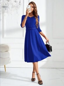 SHEIN Clasi Đầm midi buộc eo cổ tròn tay ngắn màu trơn cho nữ, xuân hè - Xanh đậm - Xem 3