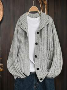 Chiquease Casual Loose Knit Turndown Collar Pocket Design Cardigan