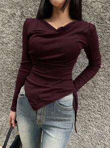 Wynsel Women's Solid Color Draped Neck Drawstring Side Long Sleeve Casual T-Shirt For Spring And Autumn