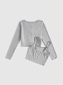 ROMWE Kawaii 2 件套女士可爱泰迪熊印花吊带短款开衫 - 灰色 - 查看 4