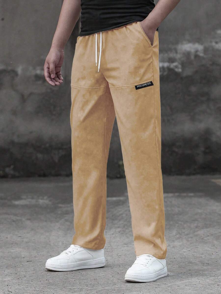 Teen Boys' Letter Patch Pocket Drawstring Tapered Pants - Apricot - View 1