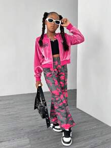 SHEIN 2pcs/Set Tween Girl Casual Outfit - Letter Print Hoodie Jacket And Camouflage Pants, Spring/Autumn