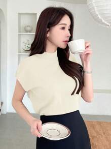 DAZY Women's Solid Color Half High Collar Batwing Sleeve Knit Top, Spring & Summer - Beige - View 6