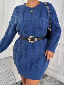 SHEIN LUNE Vestido de suéter de punto con trenzado de cuerda de mangas largas y cuello redondo talla grande para mujer, estilo campestre casual de otoño e invierno