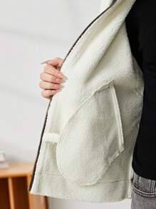 SHEIN 青少年女孩黑咖啡色天鹅绒立领口袋休闲无袖夹克 - 深灰色 - 查看 7