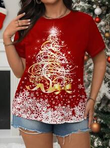 SHEIN LUNE Christmas Snowflake & Golden Christmas Tree Graphic Casual Minimalist Plus Size Crew Neck Short Sleeve Red T-Shirt Pullover, Suitable For Summer - White - View 1