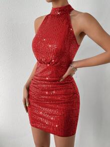 Almamuse 女式无袖亮片迷你派对连衣裙，适合新年节日派对服装