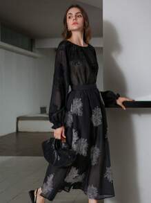 SHEIN Privé Delicate & Elegant Embroidery Textured Sheer Lantern Sleeve Round Neck Blouse For Women Fall Cloth For Women - Black - View 1