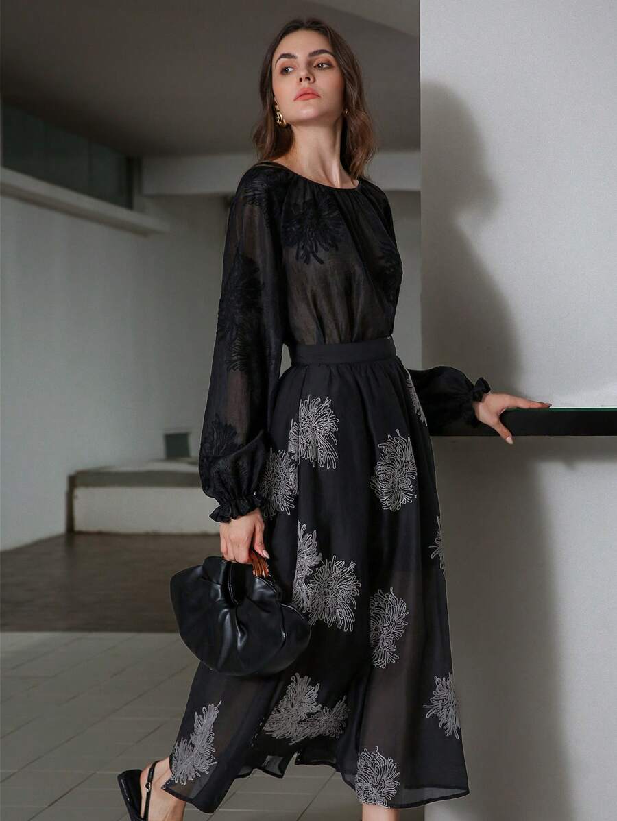 SHEIN Privé Delicate & Elegant Embroidery Textured Sheer Lantern Sleeve Round Neck Blouse For Women Fall Cloth For Women - Black - View 1