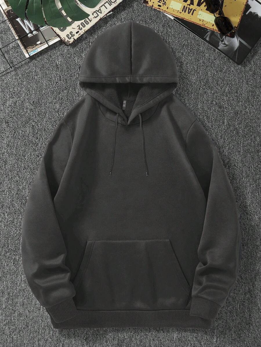 RueChic Men's Drawstring Hooded Drop Shoulder Sweatshirt - Dark Grey - View 1