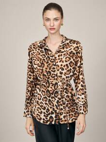 BizChic 女士优雅豹纹正装衬衫，适合通勤、聚会、度假、圣诞节 - 棕色 - 查看 6