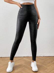 SHEIN Privé 女士高腰豹纹紧身裤 - 黑色 - 查看 4