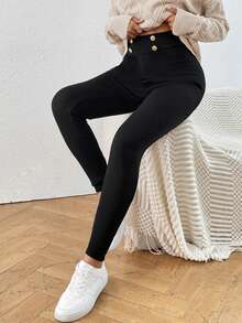 SHEIN Privé 女士黑色高腰修身长款保暖内衬紧身裤 - 黑色 - 查看 7