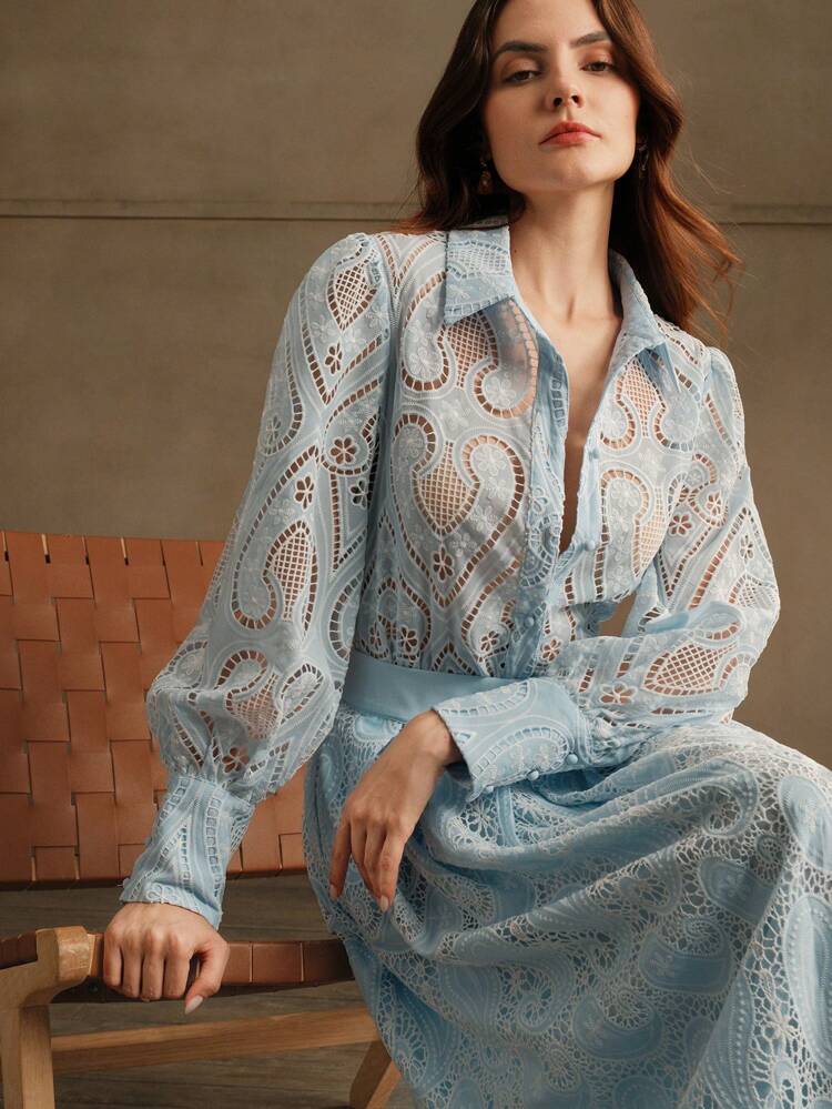 Women's Elegant Ruffled Collar Puff Sleeve Loose Lace Blouse, Autumn