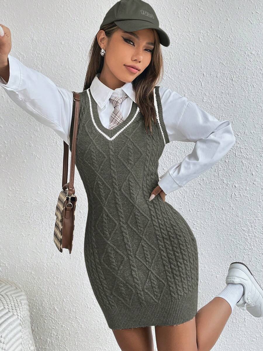 SHEIN Unity Váy len bó sát không tay cổ chữ V cho nữ, mùa thu/đông - Màu xám đen - Xem 1