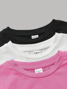 SHEIN Girlism 3 piezas Blusas de punto de cuello redondo de manga larga de color sólido casuales para niñas preadolescentes - Rosado Sandía - Ver 6