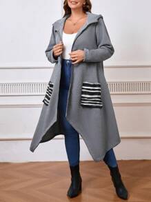 EMERY ROSE Plus Size Hooded Drawstring Pocket Asymmetric Hem Zipper Long Sleeve Jacket, Autumn/Winter Fall - Grey - View 3