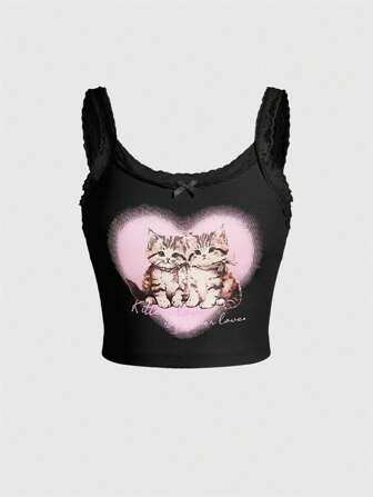 Kawaii Top camisero con estampado de gato, lazo y adorno de encaje en contraste, para mujer, escolar