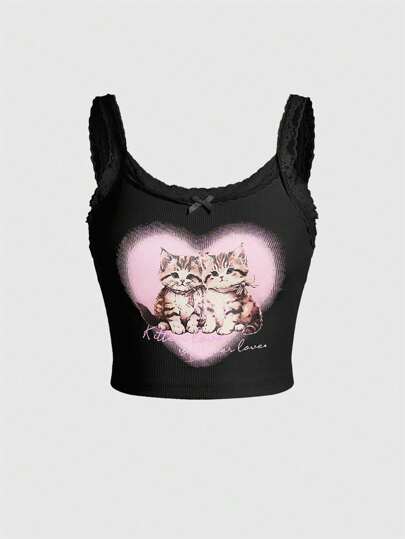 Kawaii Women's Contrast Lace Bowknot Decor Cat Print Cami Top, School