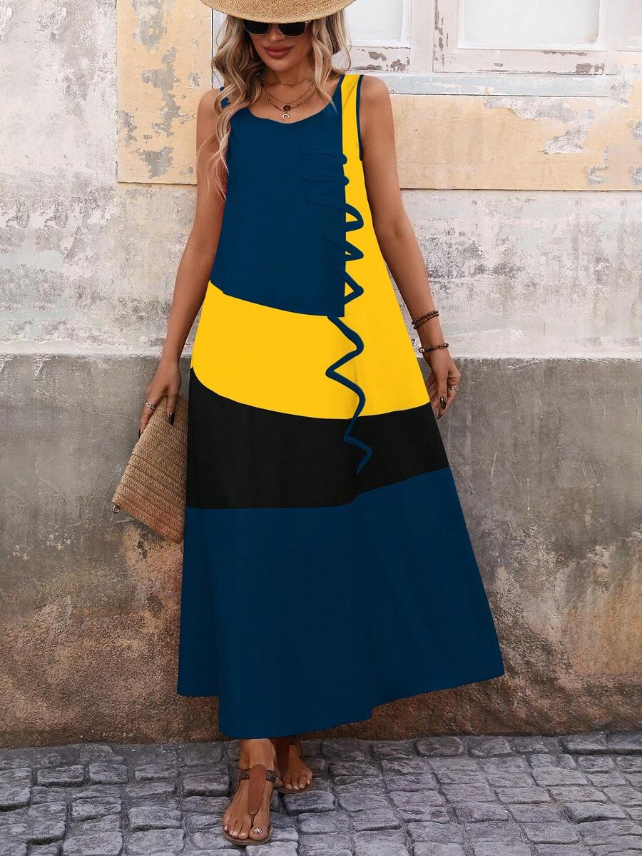 SHEIN LUNE 女式夏季拼色圆领无袖长款休闲直筒连衣裙 - 藏蓝色 - 查看 1