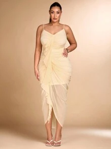 SHEIN BAE Plus Size Women Wrap Ruched Bust Elegant Dress With Flounces - Apricot - View 5