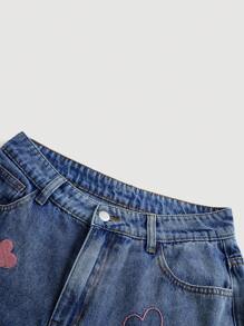 SHEIN MOD Quần Jeans Ống Rộng Túi Thêu Hình Trái Tim Cho Nữ - Màu xanh lam - Xem 4