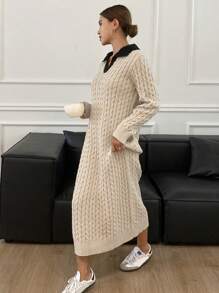 DAZY 女士秋冬拼色翻领长袖直筒宽松休闲毛衣连衣裙 - 杏色 - 查看 3