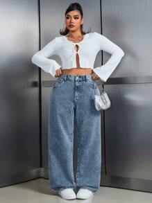 SHEIN ICON Jeans casuales sueltos de novio con botones delanteros, bolsillos y bordados con moño para mujer talla grande - Neblina azul - Ver 4