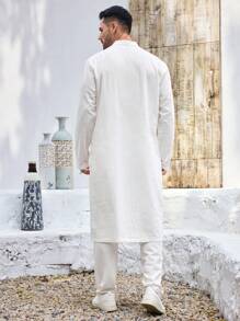 Manfinity Homme Men's White Stand Collar Partial Button Front Long Sleeve Shirt - White - View 4