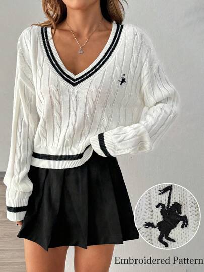 Women's Deep V-Neck Long Sleeve Striped Collegiate Casual Soft Elegant Pullover Sweater