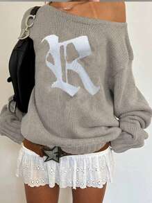 INAWLY Áo len nữ dáng rộng, họa tiết chữ cái, thích hợp mặc mùa thu đông. - Xám - Xem 1