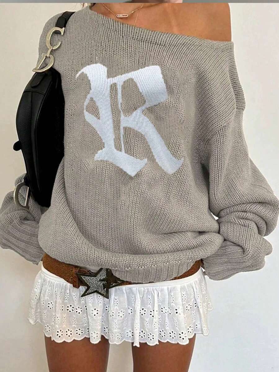 INAWLY Áo len nữ dáng rộng, họa tiết chữ cái, thích hợp mặc mùa thu đông. - Xám - Xem 1