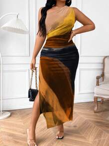 SHEIN Clasi Plus Size Tie-Dye Printed Ruched Asymmetric Neck Slit Thigh Sleeveless Dress Women Outfit, For Summer - Multicolor - View 8