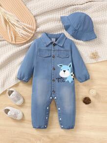 Baby Boys Casual Blue Denim Woven With Cartoon Animal Print Long Sleeve Jumpsuit, Comfortable All-In-One Piece Outfit For Fall/Winter