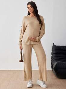 SHEIN Round Neck Button Down Drop Shoulder Top And Adjustable Waist Straight Leg Pants 2-Piece Set For Pregnant Women, For Maternity - Brown - View 7