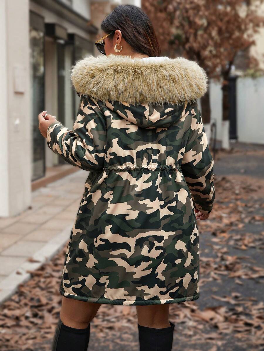 Easura Plus Size Autumn/Winter Camouflage Zipper Front Drawstring Waist Hooded Padded Coat Fall Cloth For Women