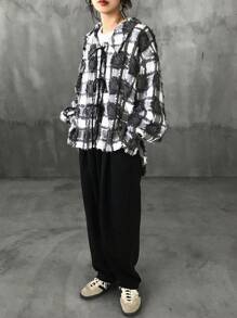 FRIFUL 女士春秋格子系带超大长袖休闲衬衫、法兰绒女装、秋季女装 - 黑色 - 查看 5