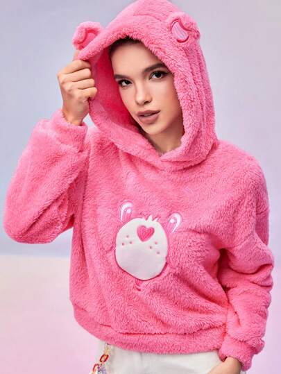 SHEIN X Care Bears 粉色毛绒卡通啦啦队熊刺绣甜美可爱趣味立体耳朵贴布连帽法兰绒卫衣秋冬长袖上衣
