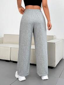 Flirla Calça de Moletom Folgada de Cintura com Cordão, Perna Larga, Plus Size - Cinza Claro - Visão 2