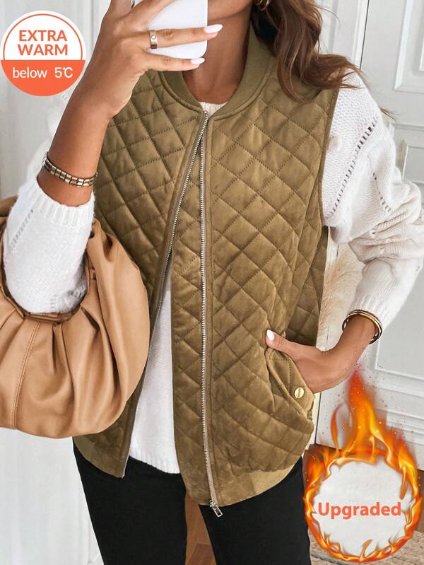 SHEIN LUNE Women Sleeveless Padded Vest Jacket With Zipper & Pockets, For Fall And Winter